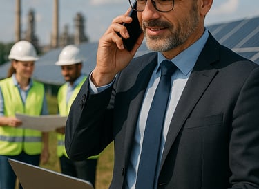 a man in a suit and a woman in a hard hat
