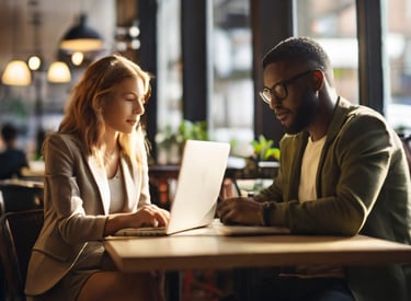 A woman and a man sitting in a cafe with a laptop