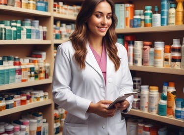 A pharmacy is seen through a glass storefront at night, brightly lit from inside. The doors and windows are transparent, revealing shelves stocked with various products. Signs are displayed on the glass, and there's a Coca-Cola vending machine visible. The interior lights highlight the organized arrangement of goods on the shelves.