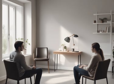 Three individuals are sitting around a table, deeply engaged in conversation. The central figure has a contemplative expression, while the other two, positioned on either side, appear supportive and attentive.