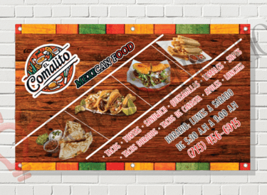 Banner de comida mexicana con fotos, horarios y teléfono