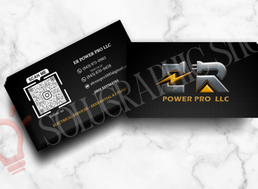 Tarjeta de presentación personalizada de ER Power Pro LLC con logo y código QR.