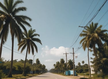 A clear blue sky with a few scattered clouds. Several tall, green trees and palm trees are present on both sides. There are electrical wires and poles running across the image. In the lower left corner, there is a signboard that reads 'IT CENTRE'.