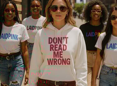 a woman in a hoodie with a don't read me wrong