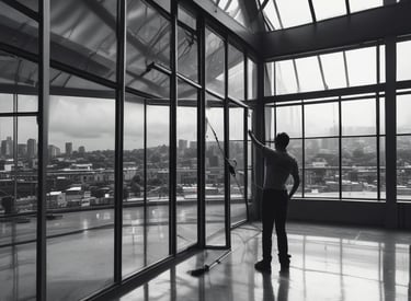 A person is kneeling on a grassy lawn, operating a lawn mower. The person is wearing a dark shirt and khaki pants. The lawn mower is metallic with orange accents and has a grass collection bag attached to it. In the background, there are trees and shrubs providing a lush, green backdrop.
