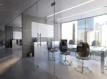 Divisorias para oficina en cristal laminar, puerta en vidrio templado, división interior en melamina