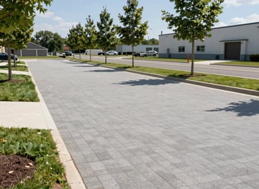 An industrial paved courtyard with heavy-duty stone surfaces and clear markings.
