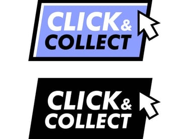 Deux boutons, l'un avec un fond violet et l'autre avec un fond noir, avec l'écriture Click & Collect