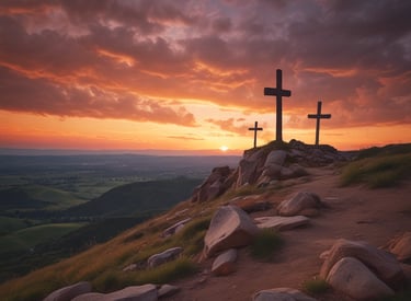 a cross - country scene with a cross on a hill