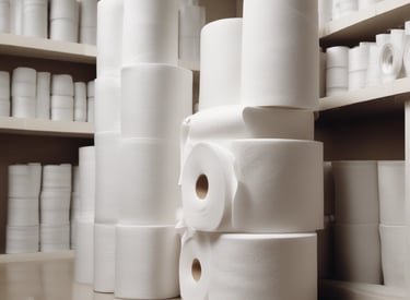 A person is smiling and holding two bottles of cleaning product in a store aisle. Behind them are various household items like detergents, hygiene products, and bath sponges displayed on shelves. The atmosphere appears cheerful and casual.