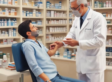 A dimly lit street corner featuring a closed pharmacy with bright green signage in Arabic and French. The storefront is illuminated by a series of warm lights, casting a subdued glow. A lone electric scooter is parked on the wet pavement under a streetlight.