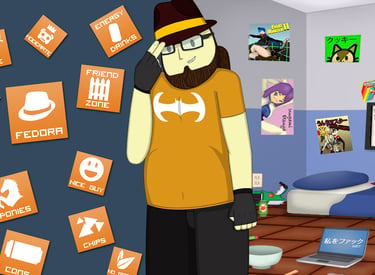 Library hero image of Fedorable Life, half of the image are orange badges of neckbeard traits