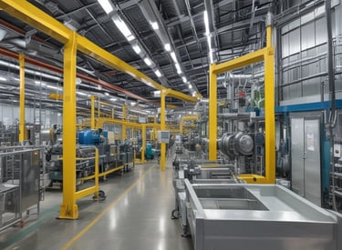 An industrial scene with large pipelines running through a forested area. The pipes extend into the distance surrounded by lush trees in autumn with shades of yellow, orange, and green. The setting is outdoors, with a clear contrast between the engineered structures and the natural environment.