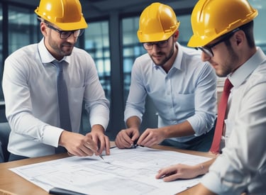 The image depicts an architectural or engineering workspace featuring technical drawings with precise measurements and annotations. Several drafting tools, including a pen, pencil, protractor, and triangular scale, are placed on top of the drawings. A rolled-up sheet of paper and a metallic rectangular case are also visible, adding to the professional and organized setting.