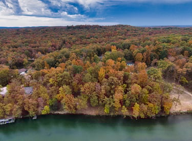 A photo of the river in the fall. 