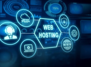 A blue screen with a white graphic that reads "Hosting."
