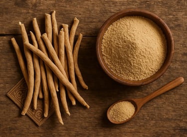 Raízes e pó de ashwagandha sobre mesa rústica, representando o uso da planta como suplemento natura