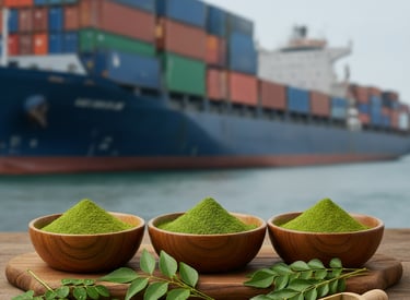 Natural green vegetable powders (Moringa, Neem, Curry) with fresh leaves, and a cargo ship for global trade.