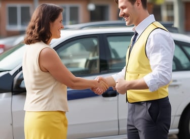 Man buying a car from a car seller. Car seller is getting paid good amount for used car.