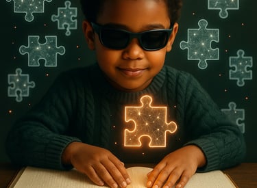 blind student with a braille book in front of him and a glowing puzzle piece lighting the scene