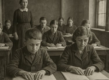 ai generated picture that is supposed to represent a school for the blind in the 1930's 