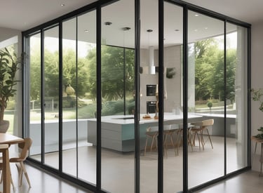 A set of white-framed sliding glass doors with multiple square panes, allowing bright light to pass through, creating a high contrast between the dark frame and the bright background.