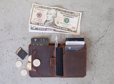 Cash, coins and credit cards in a wallet