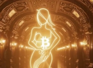 A Bitcoin bodied woman clutches crypto in an actress performance.
