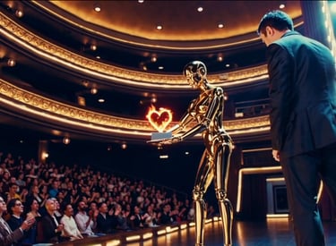 A robotic actress recieves an award from her director.