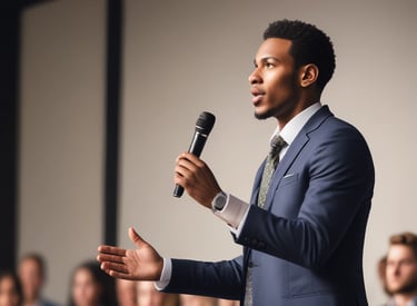 A man in a suit and tie is speaking into a microphone
