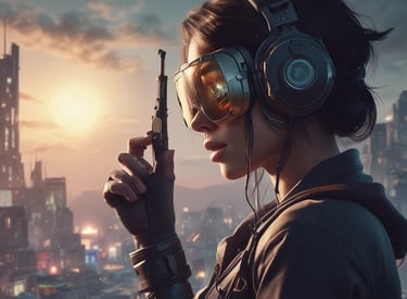 An arcade setting featuring a classic Space Invaders game setup and a modern gaming machine with seats. Bright neon lights illuminate the area, with scores displayed on digital screens. A bright and visually engaging environment full of electronic components.