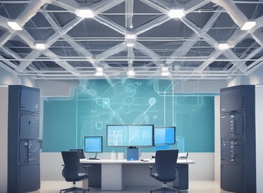 A team of IT professionals collaborating over network diagrams in a modern office.