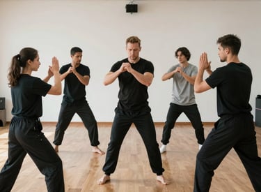 Instructor demonstrating self-defense moves to a small group in a modern training room.