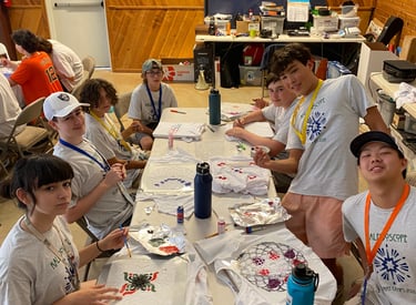 a group of people sitting at a table with paint
