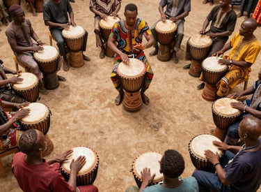 An outdoor scene with participants exploring a sensory labyrinth under soft evening light.