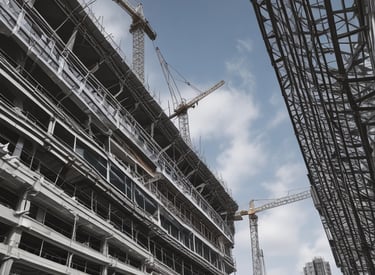 An urban construction site features a partially built multi-story office building surrounded by fencing and signs promoting the development. Several cranes are visible, suggesting ongoing construction. Various modern buildings and skyscrapers are in the background under a clear blue sky with light cloud streaks.