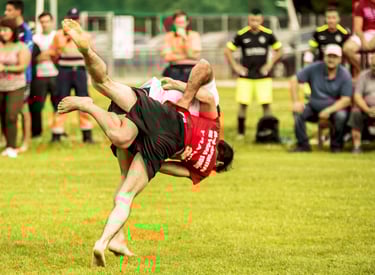 Dos luchadores de lucha leonesa en un corro de lucha