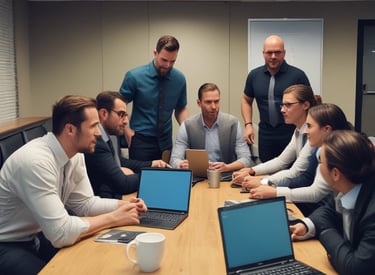 A small, white humanoid robot with blue accents, including eyes, mouth, and a circular badge with the letters 'AI' on its chest, is positioned in front of a blue laptop on a metallic surface. The robot has a simple, smooth design with two cylindrical arms and a small antenna on top.