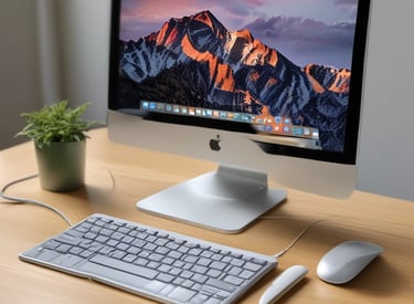 Apple iMac desktop computer with keyboard and mouse on a wooden office desk next to a potted plant.