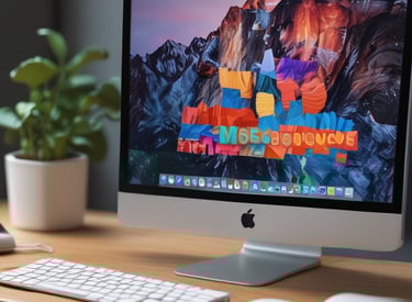Apple iMac desktop computer on a wooden desk with a white keyboard, mouse, and potted plant.