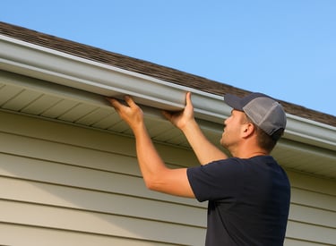 Professional installer fitting a seamless aluminum gutter on a beige house in Calgary, Everdrains gutter services