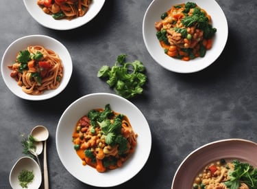 Colorful, balanced plates featuring fresh vegetables, grains, and proteins.