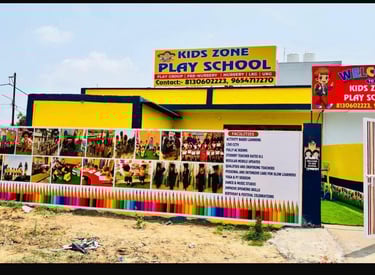 Kids Zone Play School building exterior with colorful banners, school facility list, and contact details.