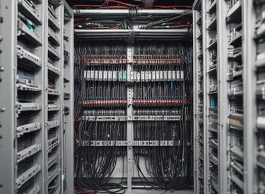 A detailed network or electronic panel features a complex array of multicolored wires organized in rows, connected to a central frame with labeled indicators. The labels on the frame, such as HF and DBRY, suggest its use in telecommunications or electronics. The arrangement of wires indicates intricate circuitry or data connection points.