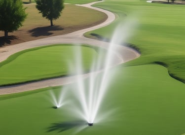A lush landscape featuring a well-maintained golf course with large trees in the foreground. Sprinklers are actively watering the grass, creating arcs of water. In the distance, there's a small pond and golf carts suggesting leisure and recreation activities.