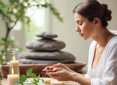 Several wellness products are arranged on a surface. There is a box labeled 'Eir Health Sleep No. 10' that indicates it contains CBD products for calming and sleep aid, featuring evening oil with lavender and melatonin. Beside it, a pouch labeled 'Midnight Chill' contains bath salts. In front, there is a bath bomb with a subtle gray and blue design.