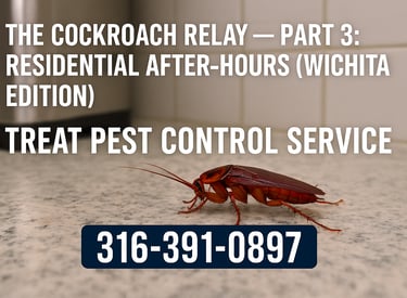 Treat Pest Control — Residential cockroach control hero image: nighttime Wichita kitchen with subtle roach silhouette.