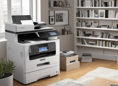 A large digital printing machine inside a room, producing a vivid banner with pink, black, and white colors. The machine has a blue exterior with multiple control buttons and switches, situated against a neutral-colored wall with a few posters and signs.