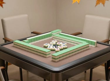 A colorful Mahjong set with tiles and champagne glasses on a floral tablecloth.