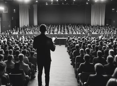 A person is typing on a silver laptop with a screen displaying text about designing digital solutions for big customers. Nearby, there is a black smartphone and white earphones placed on the desk. The person's sleeves are light blue, suggesting a casual attire.